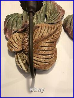 Vintage Set Wooden/ Bronze Candle Wall Sconces Tropical Breadfruit Fruit / Leaf