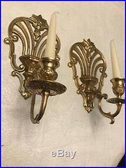 Vintage Set of 2 Pure Brass Wall Sconces, Candle holders 12H