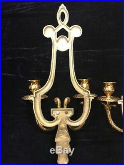 Vintage Set of 2 Pure Brass Wall Sconces, Two Arms Candle holders 16H