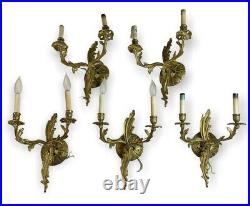 Vintage Set of 5 French Rococo Style Solid Brass 2-Arms Wall Sconces 17 Tall