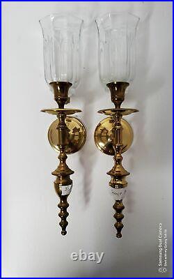 Vintage Solid Brass Candle Wall Sconces with Pressed Glass Hurricane Globe 16.5