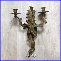 Vintage Solid Brass Louis XV Rococo 3 Arm Large Candle Holder Wall Sconces Pair
