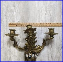 Vintage Solid Brass Louis XV Rococo 3 Arm Large Candle Holder Wall Sconces Pair