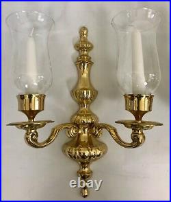 Vintage Solid Brass Pair 2-Arm Wall Candle Sconces with Hurricane Globes & Candles