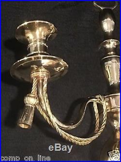 Vintage Solid Brass Pair Of Wall Candle Holders Double Arm Rope Tassel Sconces