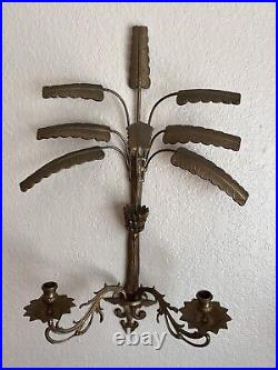 Vintage Solid Brass Palm Tree Wall Sconce Large Palm Leaf Gilt Metal