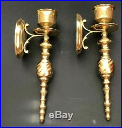 Vintage Solid Brass Sconces Candle Holders Pair Wall Mount Polished Gold