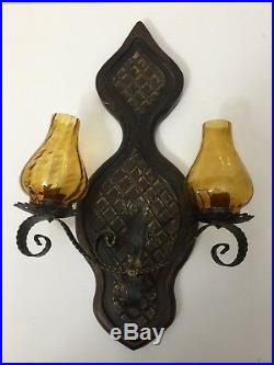 Vintage Spanish Amber Glass Wall Sconce 2 Lights Candle Holders, 18 T x 11 W