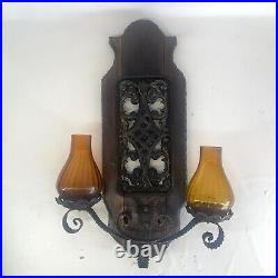Vintage Spanish Wall Sconce Amber Glass Candle Holders Wood Metal 17.5 x 12