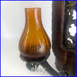 Vintage Spanish Wall Sconce Amber Glass Candle Holders Wood Metal 17.5 x 12