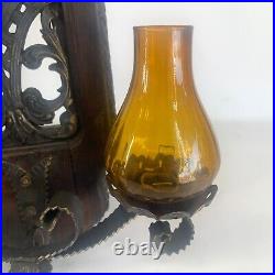 Vintage Spanish Wall Sconce Amber Glass Candle Holders Wood Metal 17.5 x 12