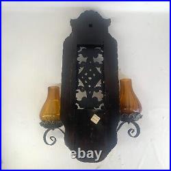 Vintage Spanish Wall Sconce Amber Glass Candle Holders Wood Metal 17.5 x 12