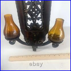 Vintage Spanish Wall Sconce Amber Glass Candle Holders Wood Metal 17.5 x 12