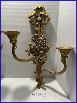 Vintage Syrocco Gold Wall Sconces Bow Roses Candlestick Pair Mid Century Style