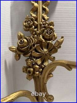 Vintage Syrocco Gold Wall Sconces Bow Roses Candlestick Pair Mid Century Style
