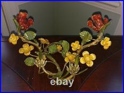 Vintage Tole Italian Toleware Metal Wall Sconce Candle Holder Rose Flower Italy