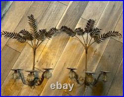 Vintage Tole Palm Leaf Candle Wall Sconce Pair Glass Accents Prism Rings