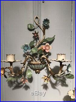 Vintage Tole Toleware Painted Metal Flowers Wall Sconce Candleholders Pair