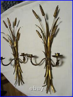 Vintage Toleware Wheat sheaf Set 2 Wall 2-arm Candle Holder with prims Italy 24T