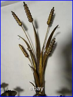 Vintage Toleware Wheat sheaf Set 2 Wall 2-arm Candle Holder with prims Italy 24T