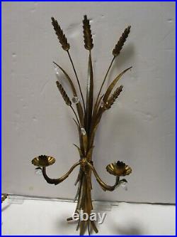 Vintage Toleware Wheat sheaf Set 2 Wall 2-arm Candle Holder with prims Italy 24T