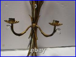 Vintage Toleware Wheat sheaf Set 2 Wall 2-arm Candle Holder with prims Italy 24T