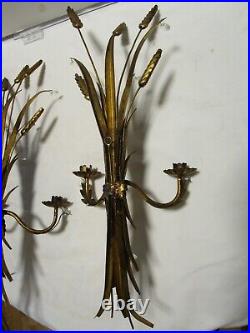 Vintage Toleware Wheat sheaf Set 2 Wall 2-arm Candle Holder with prims Italy 24T