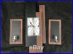 Vintage Verichron 1960s Floating Panel Wall Clock Brown Black With Candle Holders