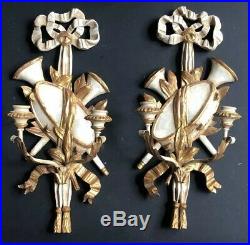 Vintage WOOD PAIR Candelabra CANDLE Lights Gold Hollywood MUSIC Wall SCONCES