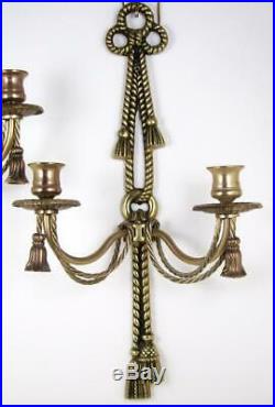 Vintage Wall Sconce Brass Double Candle Holders Twisted Rope Bows & Tassels