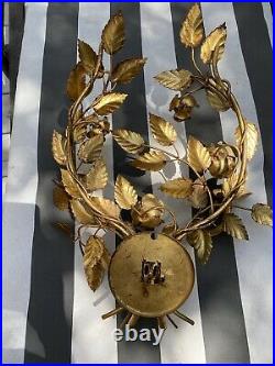 Vintage Wall Sconce Italian Gold Gilt Metal Tole Candleabra Hollywood Regency