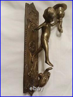 Vintage Wall Solid Brass Cherub Cupid Child Candle Holder Wall Sconce Italy