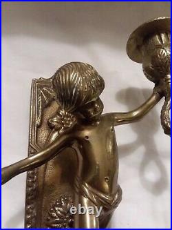 Vintage Wall Solid Brass Cherub Cupid Child Candle Holder Wall Sconce Italy