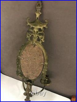 Vintage cast brass beveled mirror candle holder crystal prism 23 tall wall