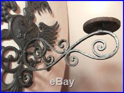 Vintage hand tooled wrought iron Austrian eagle shield wall candle holder sconce