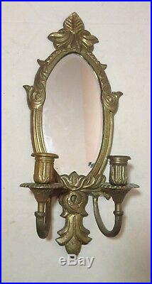 Vintage ornate heavy brass wall sconce dual candle holder beveled glass mirror