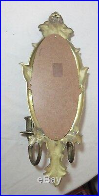 Vintage ornate heavy brass wall sconce dual candle holder beveled glass mirror