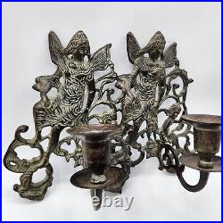 Vintage pair Wrought Iron metal sconce Wall Hanging Candle Holders cherub pixie