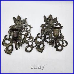 Vintage pair Wrought Iron metal sconce Wall Hanging Candle Holders cherub pixie