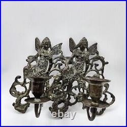 Vintage pair Wrought Iron metal sconce Wall Hanging Candle Holders cherub pixie