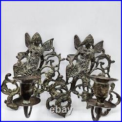 Vintage pair Wrought Iron metal sconce Wall Hanging Candle Holders cherub pixie