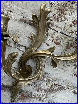 Vintage pair brass Bronze candle wall holders sconce french double rococo Louis