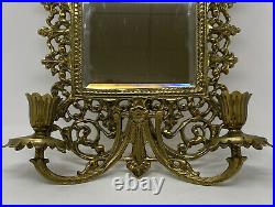 Virginia Metalcrafters Ornate Solid Brass Wall Mirror Candle Sconce Entryway VTG