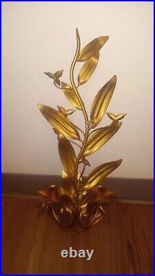 Vntg Florentine Tole Wall Candle Sconces Gold Metal PAIR Hollywood Regency Leaf
