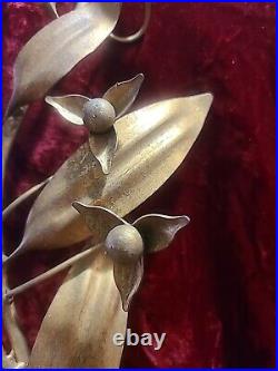 Vntg Florentine Tole Wall Candle Sconces Gold Metal PAIR Hollywood Regency Leaf