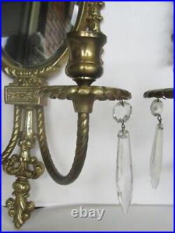 Vtg 1920's / 30's Pair Brass Beveled Glass with Prisms Wall Candle Sconces