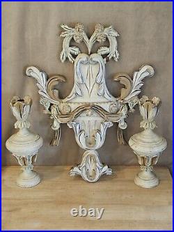 Vtg 1950s Italian Chippy Wood Painted Neo-Classical Ornate Wall Candle Holders