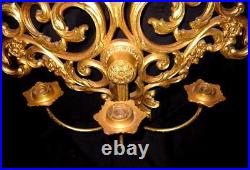 Vtg 1973 SYROCO Large Ornate Gold WALL SCONCE 3 Arm Candle Holders #3495 Adjust