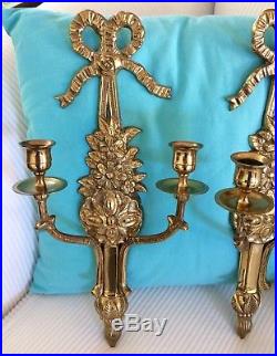 Vtg 2 ARM BRASS WALL SCONCES Bow Top Flowers Large Ornate Double CANDLE HOLDERS