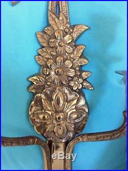 Vtg 2 ARM BRASS WALL SCONCES Bow Top Flowers Large Ornate Double CANDLE HOLDERS